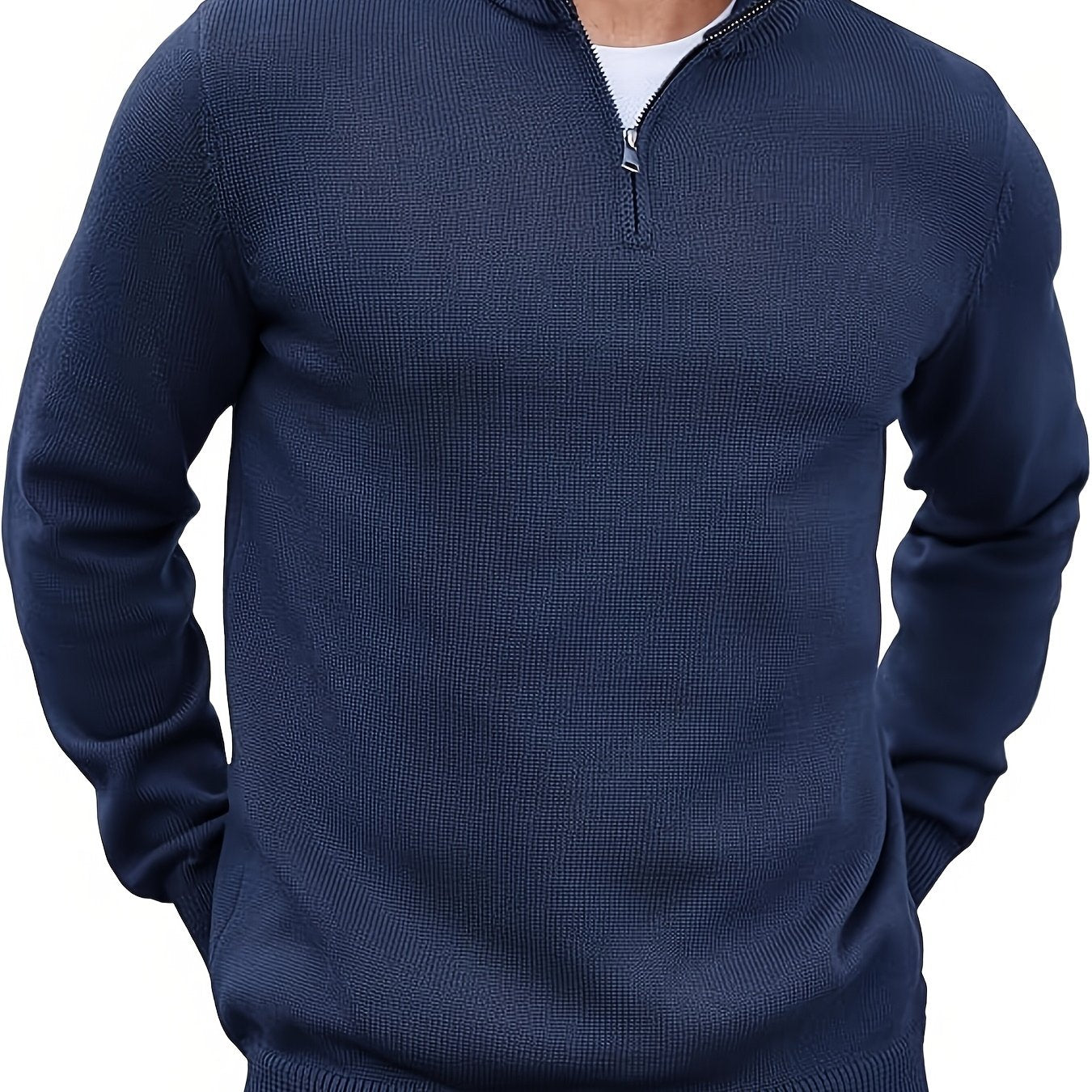 Men's Solid Knitted Pullover with Half Zipper, Casual Long Sleeve Sweater for Outdoor wear.