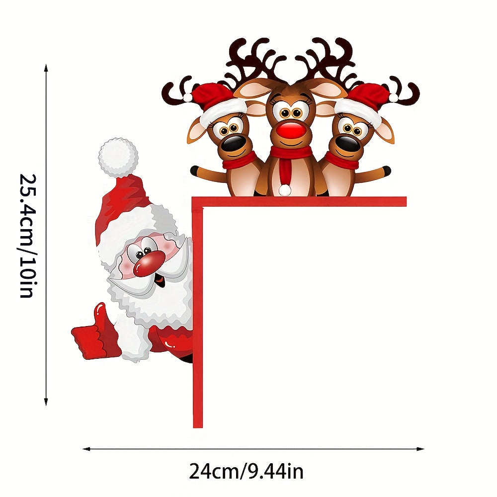 Santa and Reindeer Christmas Door Corner Sign - Wooden Sculpture for Indoor and Outdoor Décor.