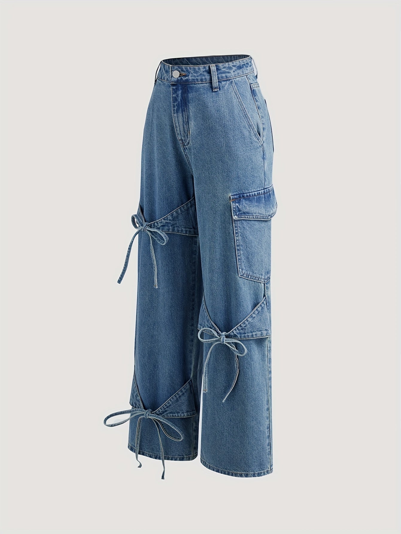 Casual denim jeans for women with drawstring detail, high waist, straight leg, solid color, non-stretch cotton blend (86% cotton, 8% viscose, 6% polyester) ideal for spring/fall.