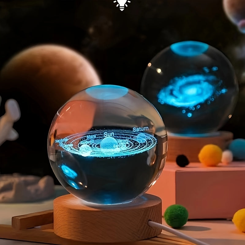 USB-powered crystal ball night light with wooden base, LED tabletop lamp for bedroom, energy efficient uplight with countertop mounting, accessory included, no battery needed.