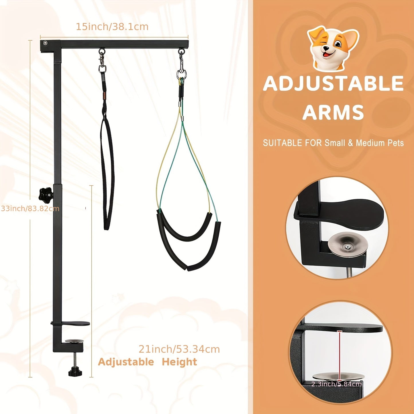 Adjustable & foldable dog grooming arm with clamp, ideal for small dogs and puppies. Made of steel construction and includes no sit haunch holder & loop noose. Suitable for home and