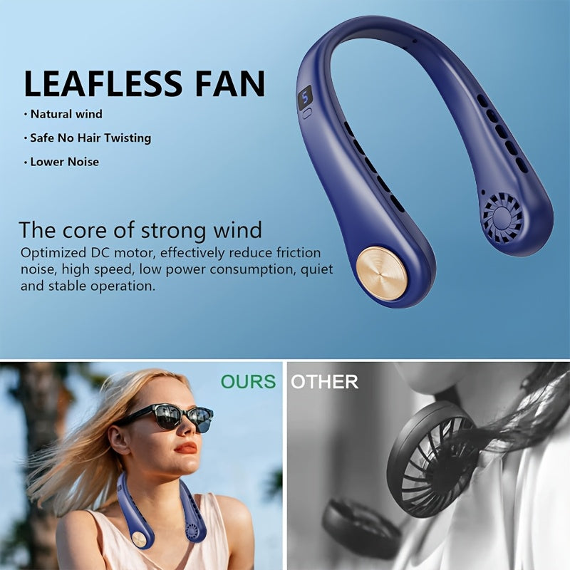 Introducing a Rechargeable Wearable Personal Fan Offering 360° Cooling, 5-Speed Adjustment, Screen Display, Ideal for Work, Travel, Sports, and Outdoor Activities.