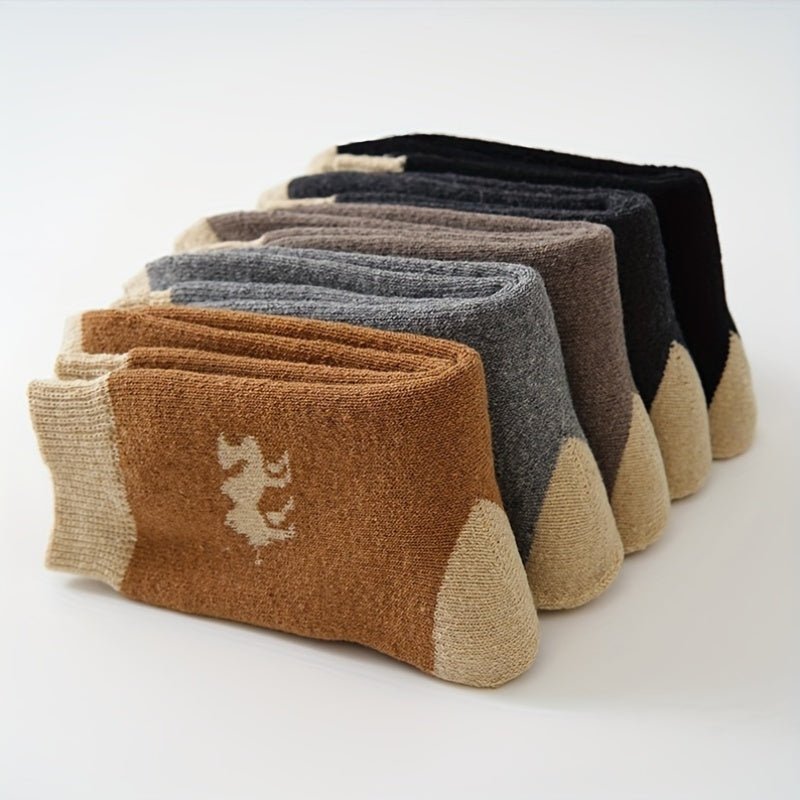 5 pairs of men's comfortable camel pattern thermal crew socks made from a cotton blend knit fabric with polyester and elastane for warmth and comfort.