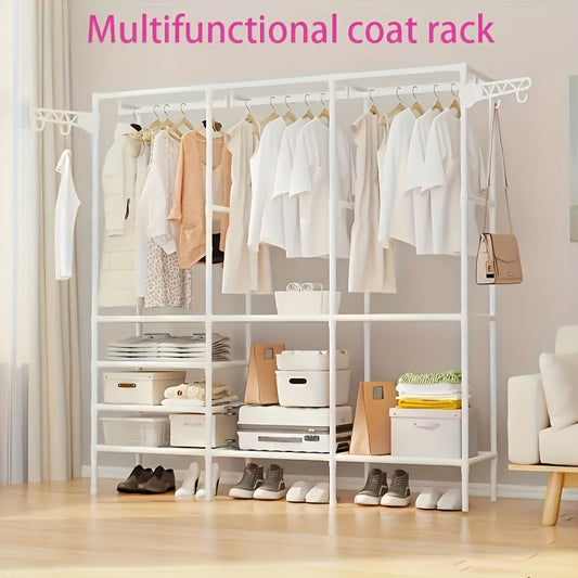 Metal storage cabinet with hooks, 3-tier organizer for coats, shoes, and accessories. Perfect for bedroom, hallway, and living room. Requires no electricity or battery.