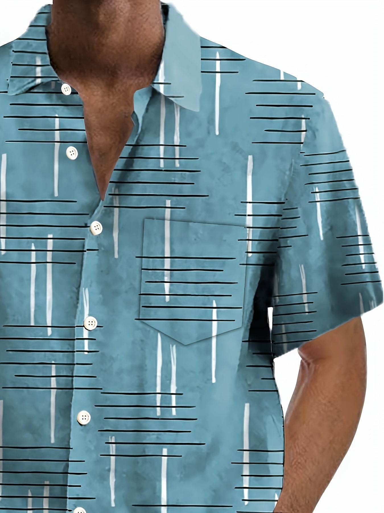 Men's plus size short sleeve shirt with geometric 3D line print, button-up collared design, chest pocket. Lightweight polyester, ideal for summer. Plus size.