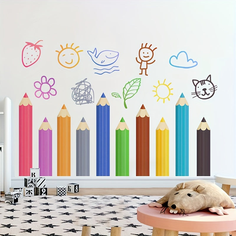 Playful cartoon wall stickers featuring school supplies for kids' rooms.