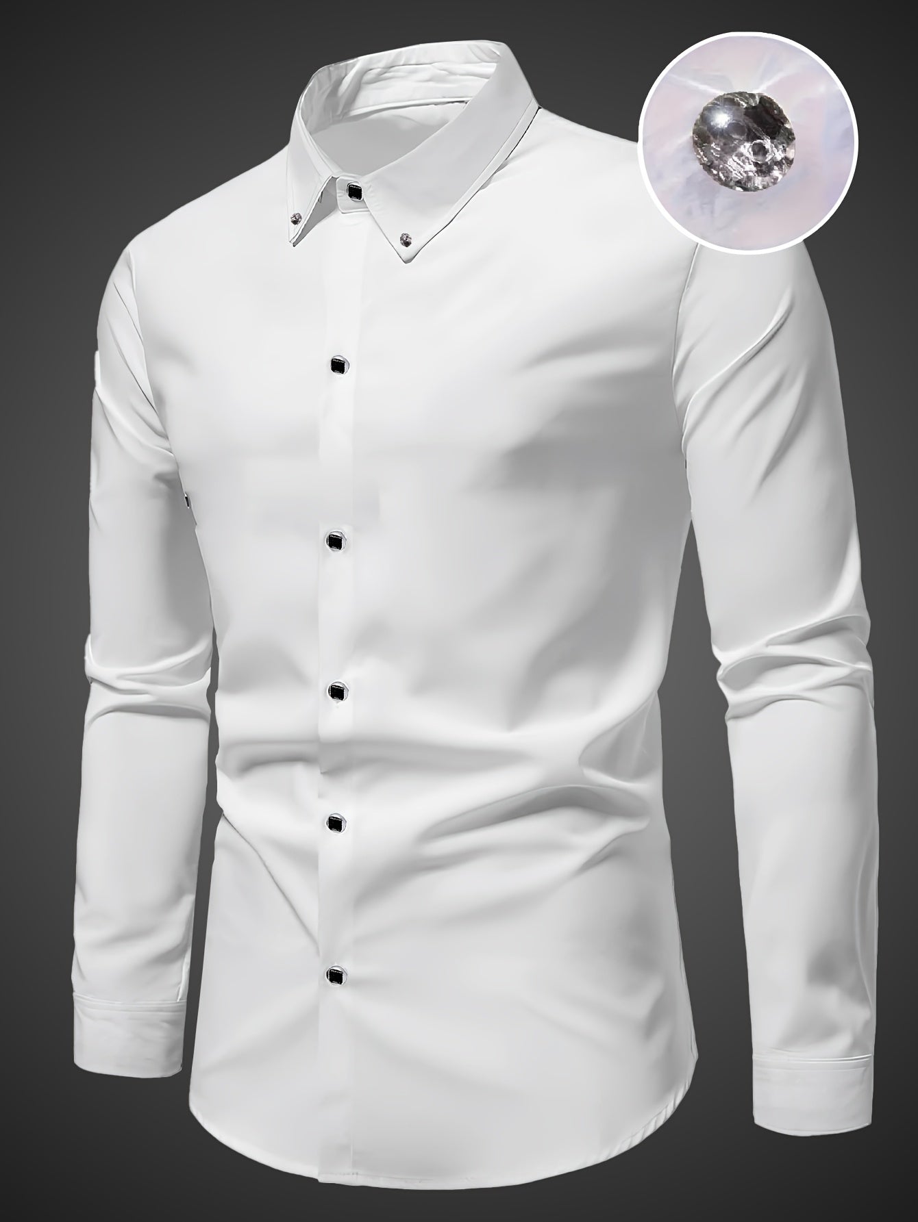 Men's breathable CS29 dress shirt in solid color, 100% polyester, regular fit, non-stretch fabric, with button details and lapel collar.