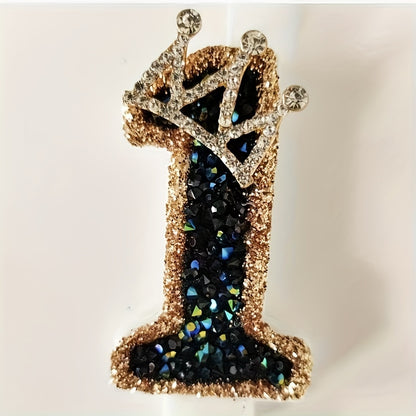 Elegant black diamond crown birthday candle with golden and blue glitter design. Perfect for anniversary, wedding, and birthday celebrations. Made from paraffin wax, no electricity needed. Feather-free and ideal for table and living room decor. Great for