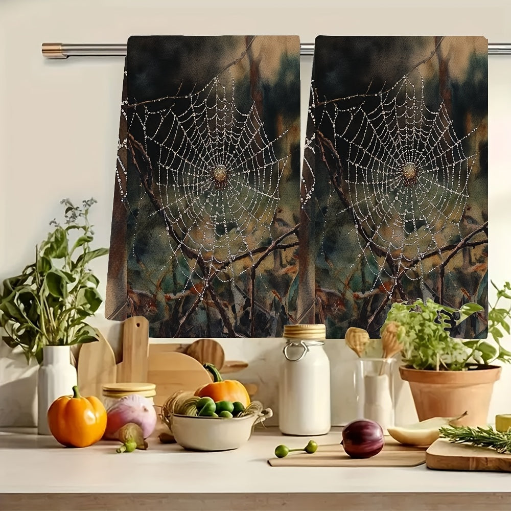 Set of 2 Ultra Plush Kitchen Towels - Beautiful Spider Web Design with Dewy Detail, Super Absorbent & Easy to Clean, Modern Style Polyester Hand Towels, 40.64x60.96 cm Perfect for Holiday Decor, Must-Have Kitchen Essentials | Stylish Kitchenware |