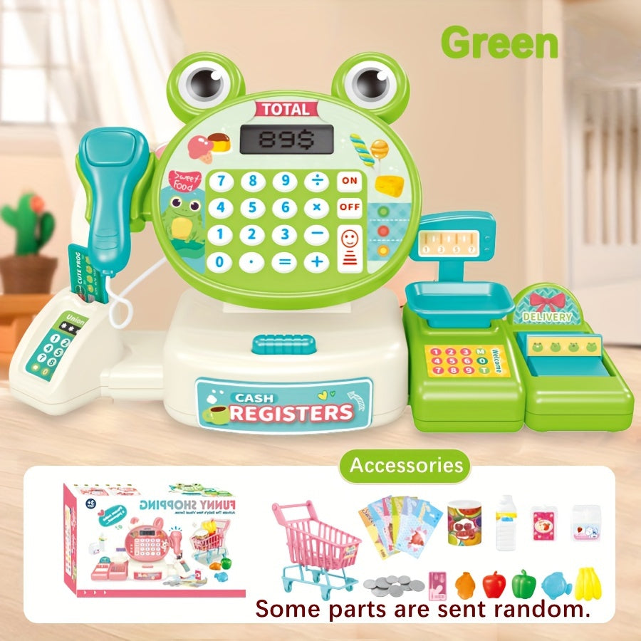 Mini cash register pretend play set with scanner, credit card, and supermarket interaction toys. Some parts may be sent randomly. Great for winter and New Year.