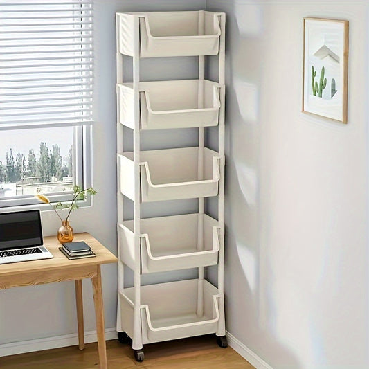 Compact 5-tier storage organizer for kitchen and office, made of durable plastic.