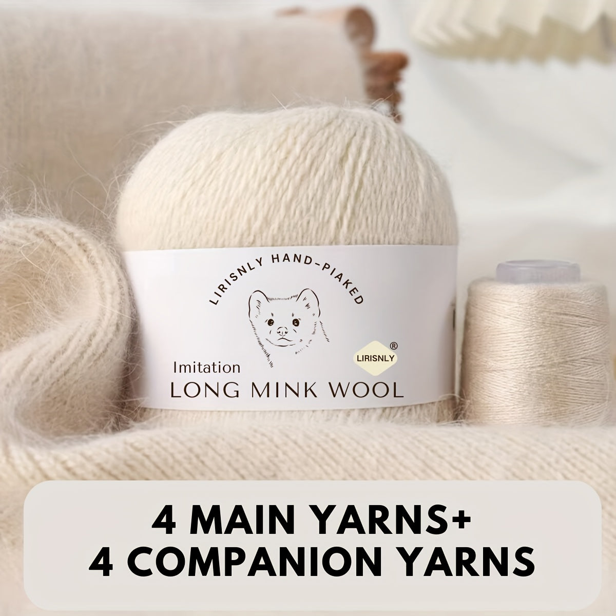 4pcs of faux mink wool and long wool totalling 280g, with 50g faux mink wool and 20g companion thread each. Skin-friendly and warm, suitable for knitting scarves, sweaters, hats, etc.