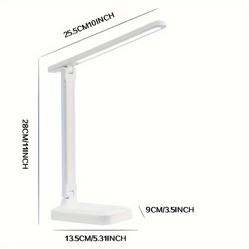 Adjustable white light LED desk lamp with USB rechargeable lithium battery, color changing feature, polished finish, suitable for reading and household lighting.