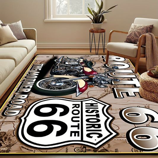 Motorcycle-themed Area Rugs, made from machine washable polyester fiber to prevent slipping. Perfect for indoor and outdoor use as entrance mats in bedrooms, living rooms, bathrooms, cafes, and for home decoration. Available in various sizes: 19x31