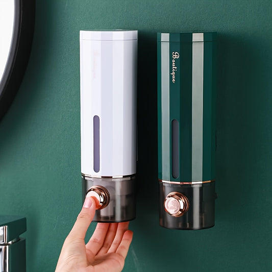 Wall-mounted soap dispenser made of phthalate-free plastic, easy to install without drilling. Ideal for home and hotel bathrooms. Suitable for shampoo, body wash, and hand sanitizer.