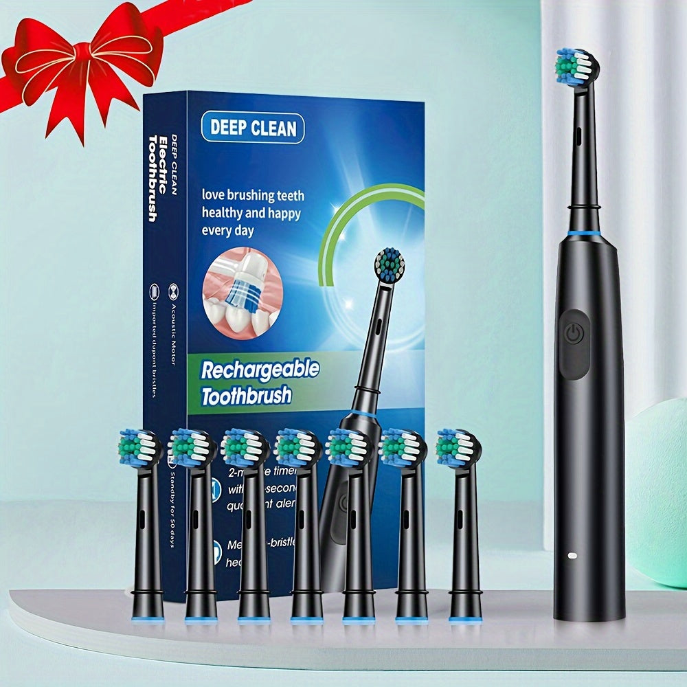 Round electric toothbrush with 8 brush heads, USB-C charging, 5 modes, including a super fast cleaning mode - great gift for family and friends.