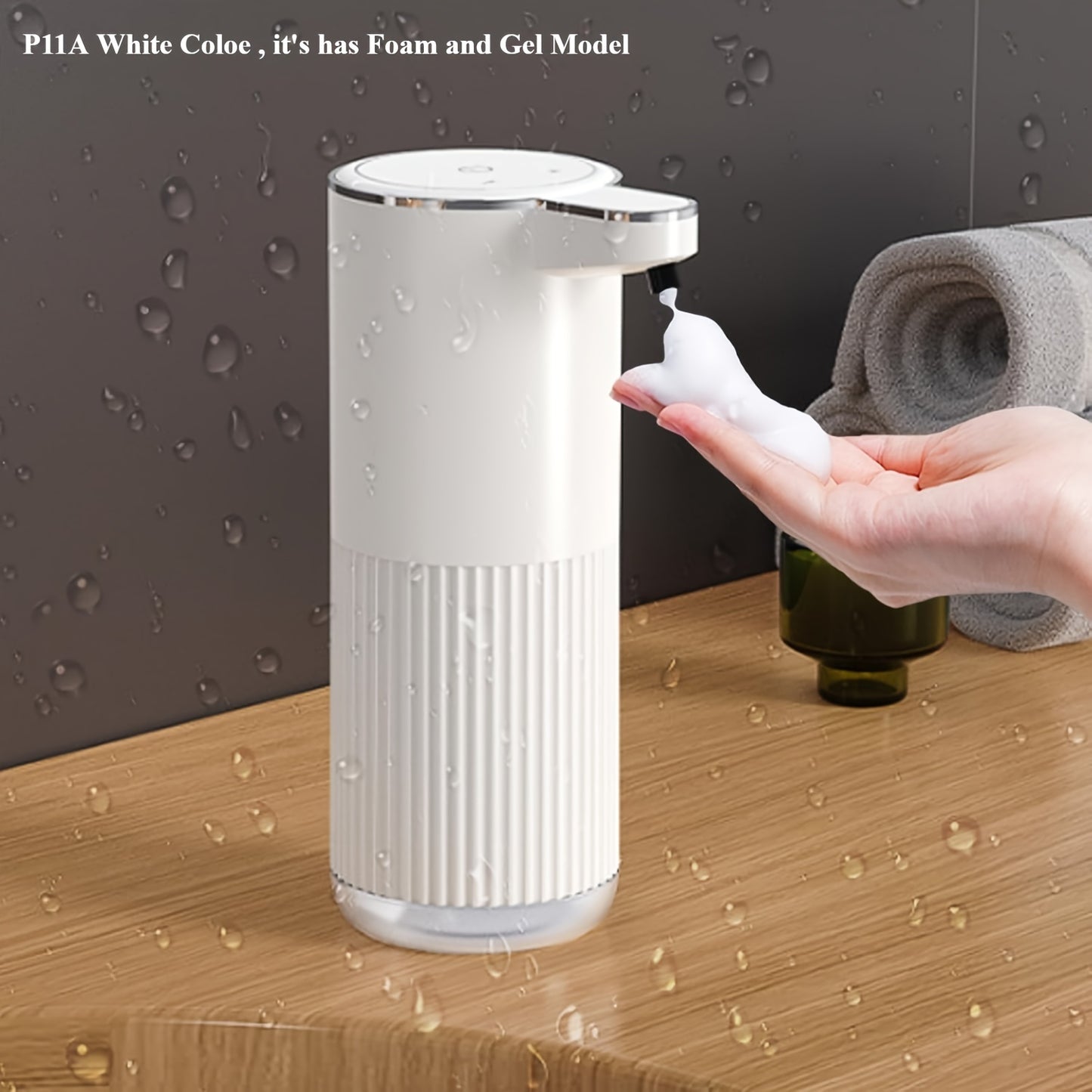 Foam soap dispenser with 360ml capacity, adjustable dispensing time, plastic material. Suitable for various spaces with wave pattern design.