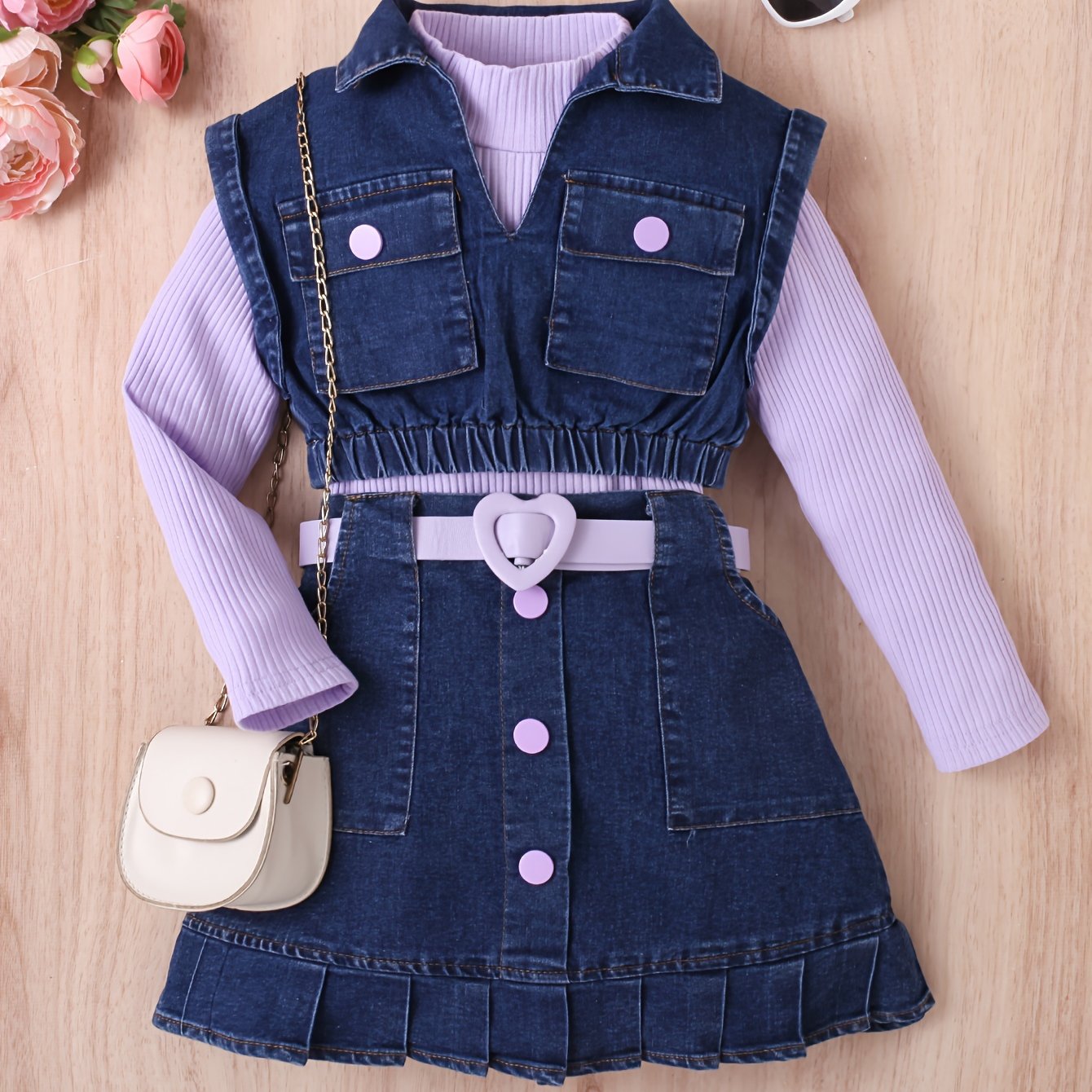 Girls' Fashion Casual Outfit Set: High neck long sleeve top with denim vest, knee-length pleated skirt with belt.