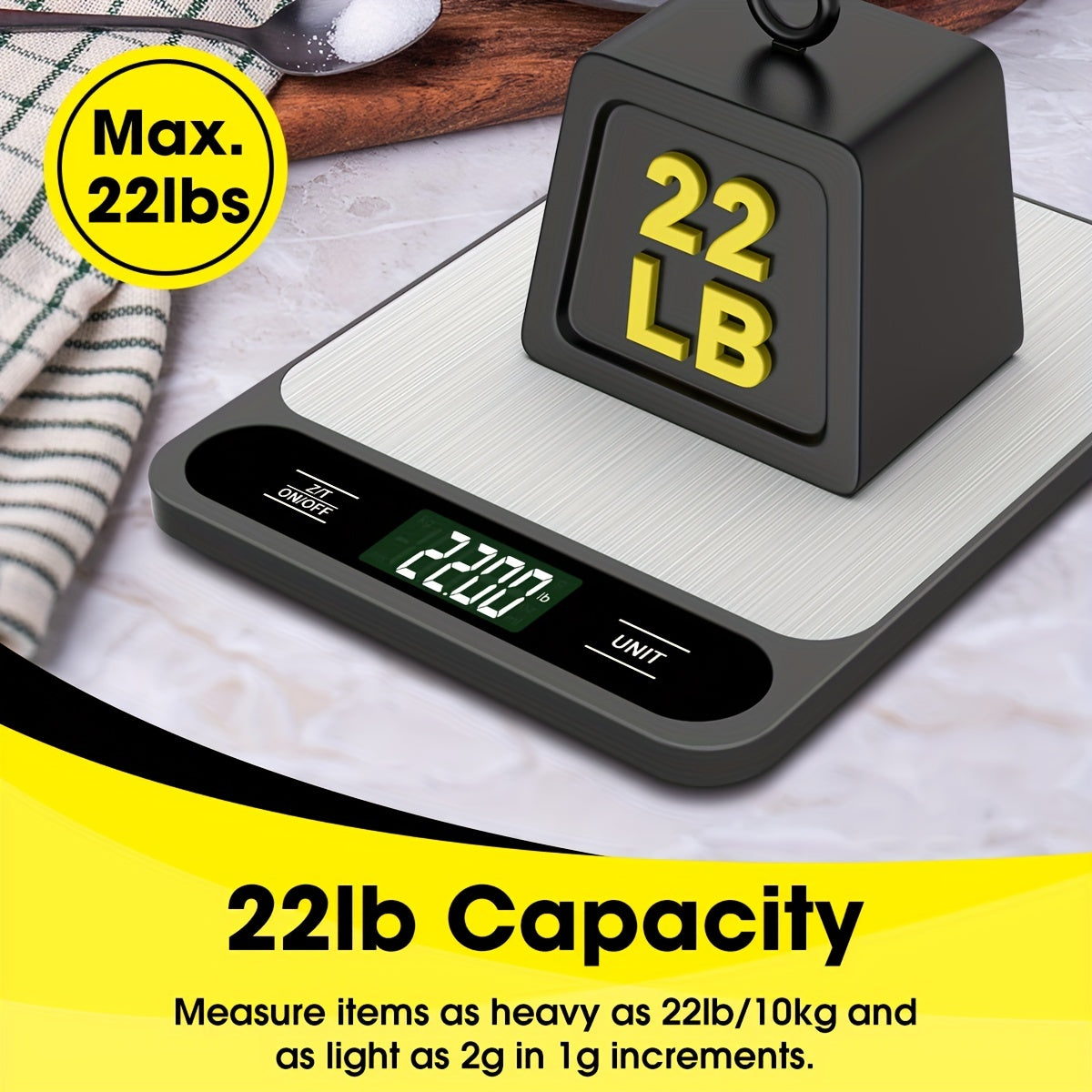 1 piece of black Food Scale with a capacity of 22lb/10kg, perfect for measuring grams and ounces for baking, cooking, and weight loss. Features precise graduation of 1g/0.04oz, easy-to-clean stainless steel material. A must-have kitchen gadget for all