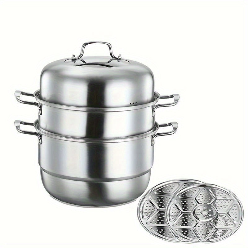 Stainless Steel Steamer Pot with Composite Bottom - Durable, Versatile 3-Tier Design for Induction Cooktops, Great for Home and Professional Kitchens