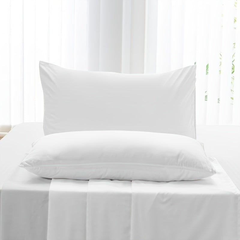 Three-piece set of solid color bed sheets with pillowcases made of 100% polyester sanded breathable fabric, featuring a deep pocket fitted sheet. Suitable for all seasons, machine washable, and includes active printing design. Set includes one fitted