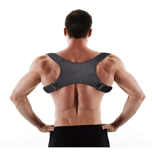 Men's posture corrector with polyester blend fabric, casual style, comfortable shoulder strap, invisible back support, hunchback prevention, hand washable, and slight stretch.