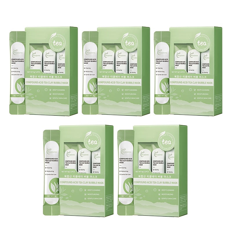 12-piece box of Composite Acid Tea Mud Bubble Mask with salicylic acid, lactic acid, centella asiatica, and niacinamide. Cleanses, refines pores, brightens, hydrates, and tightens skin