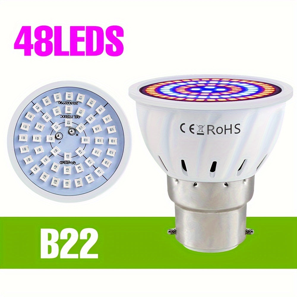 LED grow light bulb with full spectrum, 220V, compatible with E27 & GU10, suitable for indoor plants, hydroponics, succulents, and seedlings. Has UV IR for plant growth, available in red