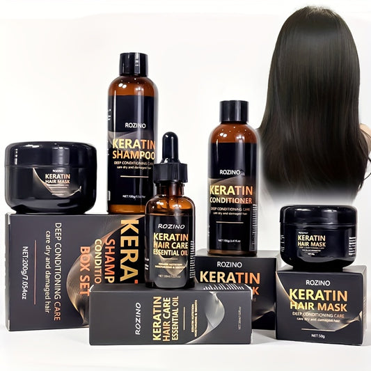 5-piece ROZINO Keratin Hair Care Set with Hair Mask, Shampoo, Conditioner, and Essential Oil made from natural plant extracts for deep moisturizing treatment of normal hair.