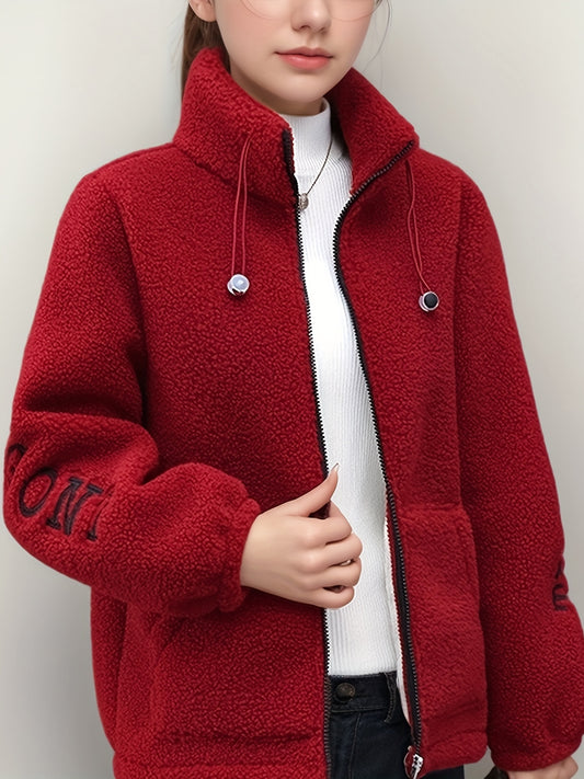 Cozy fleece-like jacket for women with embroidered letters in warm red velvet, perfect for all seasons. Cute and casual with a stand collar, long sleeves, and fleecelike texture.