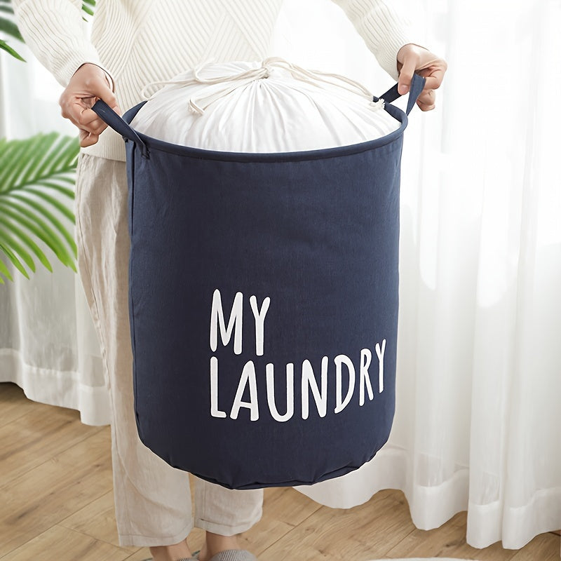 Classic Thick Fabric Laundry Basket with Drawstring Closure - Versatile Cylinder-Shaped, Foldable Dirty Clothes Storage Bin in Navy, White, and Gray featuring "MY LAUNDRY" Print for Stylish Room Decor, Laundry Room Organization, and Storage Solution