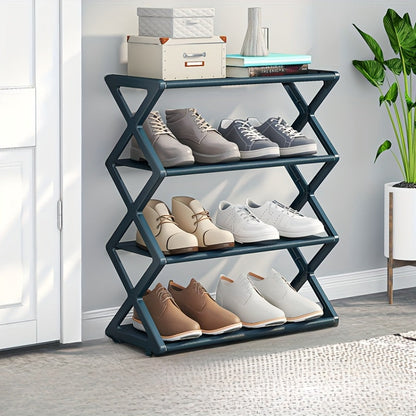 The Black Steel Tube Style X-Shaped Shoe Rack is a convenient and space-saving storage solution for shoes. With a 4-tier design and metal frame, it is easy to assemble and features a dustproof, multi-layer design. Ideal for entryways, bedrooms, and