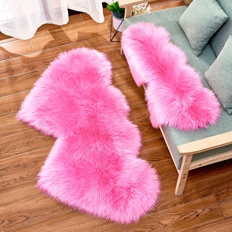 Double Heart Faux Sheepskin Rug, Heart Shaped Fluffy Rug, Soft Plush Shaggy Carpet Area Mats, Girls Bedroom Sofa Decor, Home Floor Accent