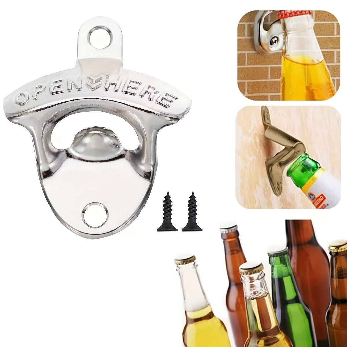 Durable zinc alloy beer bottle opener with wall-mounted rustic finish in multiple colors. Perfect for holidays, celebrations, and gifts. No power needed.