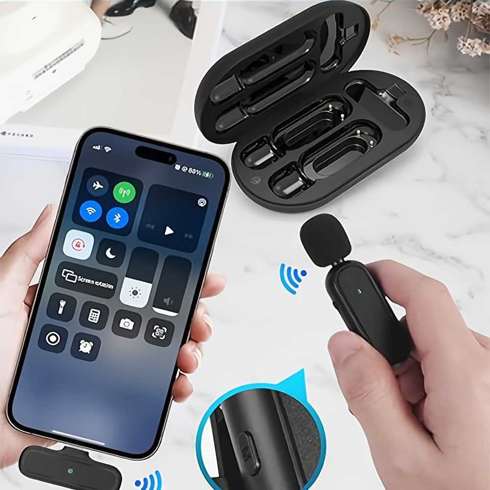 2 wireless lavalier microphones with noise cancelling, plug and play for Android, iPhone, and iPad. Includes adapter, rechargeable lithium polymer battery, ABS material. Perfect for live