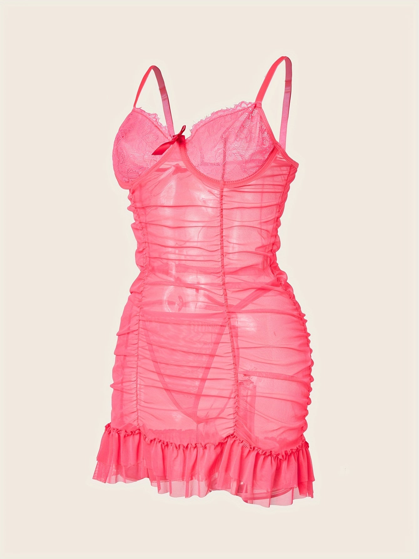 Lace mesh babydoll with ruffle trim and ruched bodycon mini dress, sexy sleepwear for women.