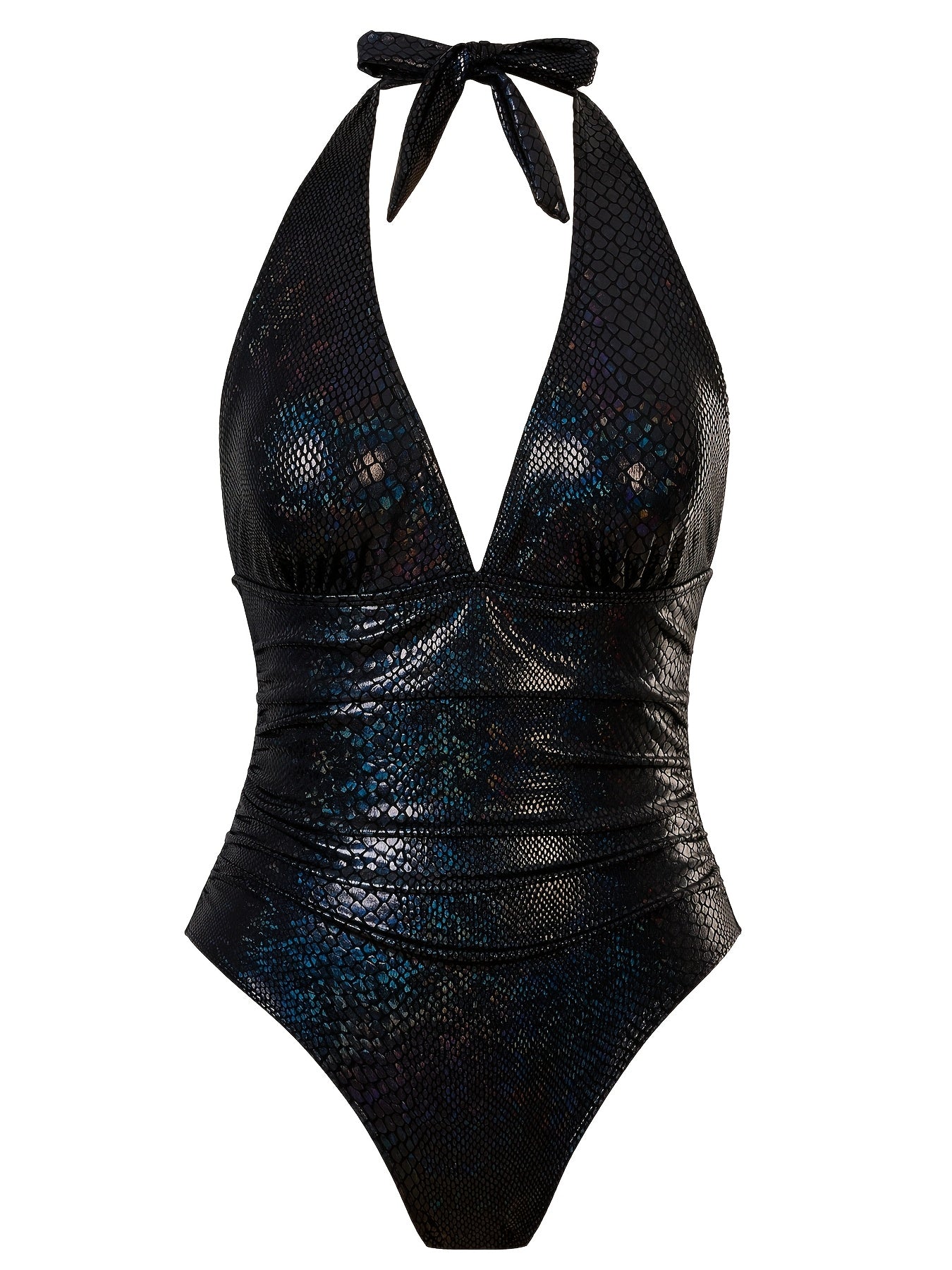 Women's sexy black one-piece swimsuit with deep V-neck, high cut design, snakeskin pattern, removable pads, ruched waist detail, glossy finish, and high waist. Made of stretchy polyester