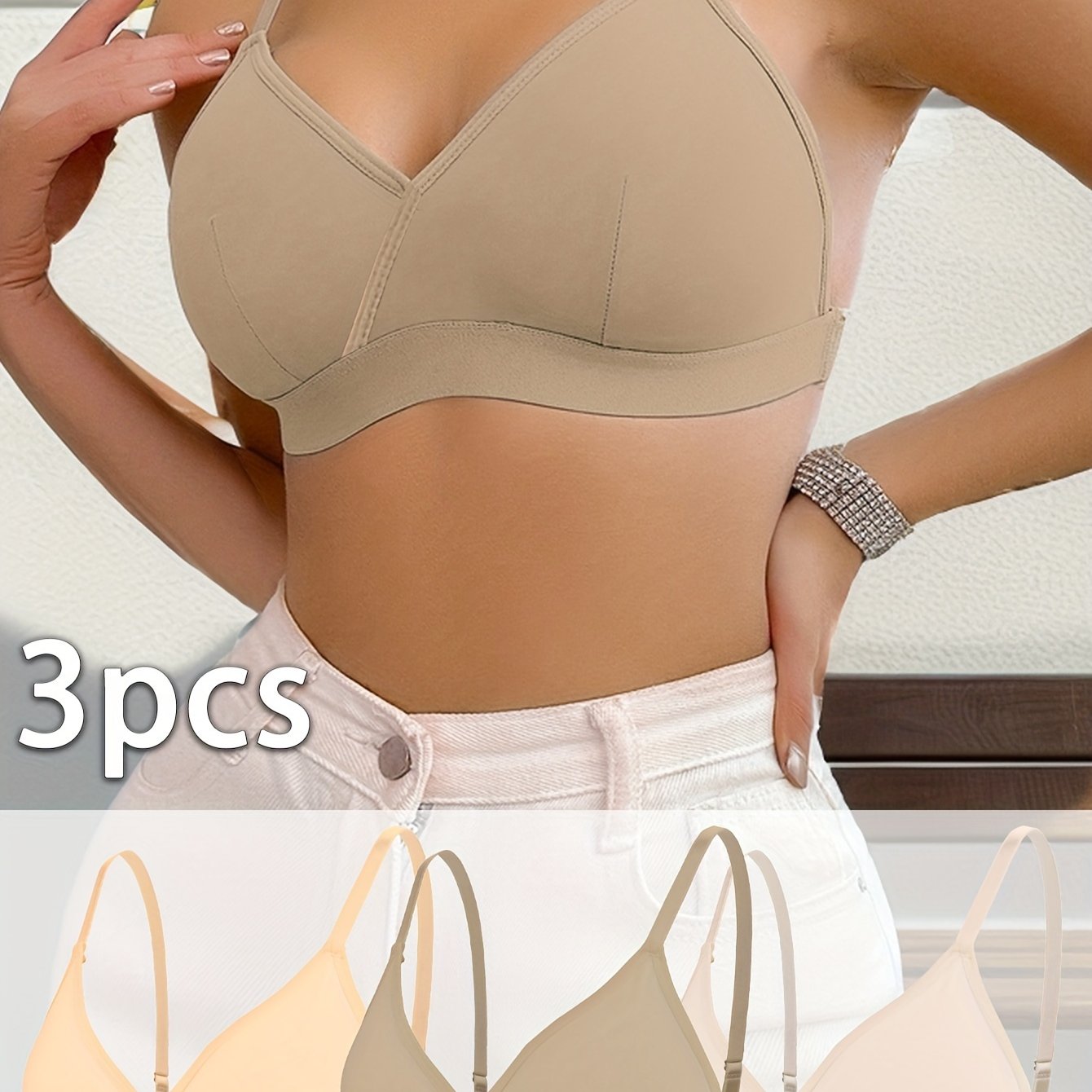 3 Triangle V Neck Plain Bras, Comfortable Breathable Wireless Spaghetti Strap Bras for Everyday Wear, Women's Lingerie & Underwear