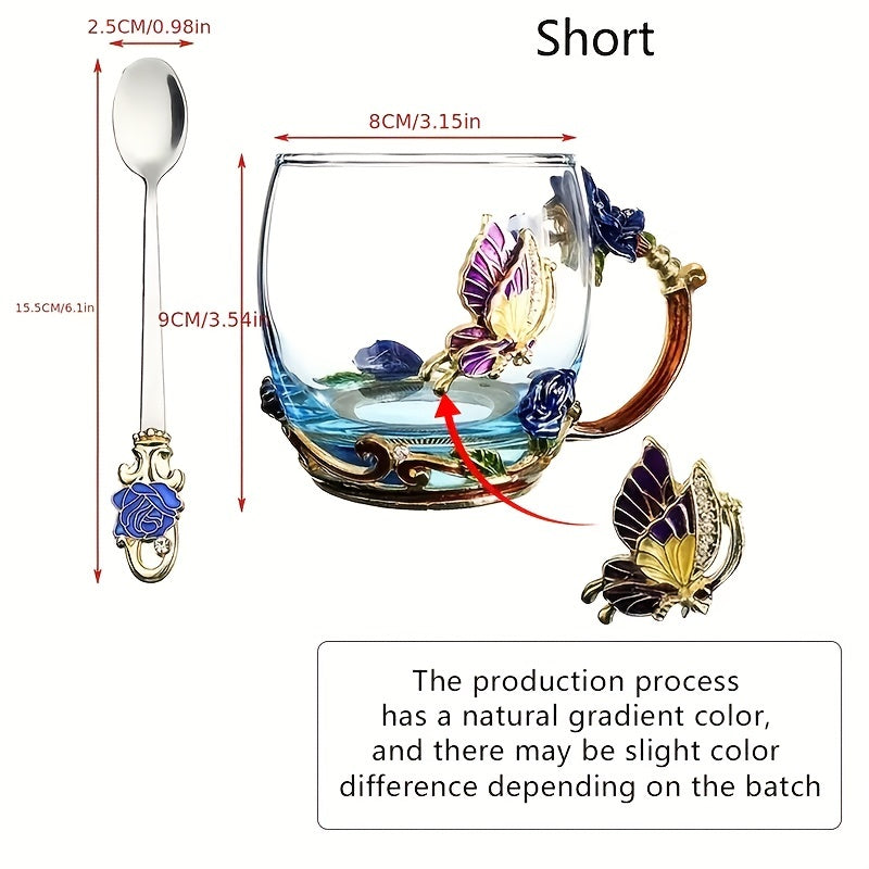 Rose enamel crystal tea cup with butterfly and rose design, includes spoon, clear glass.