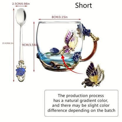Rose enamel crystal tea cup with butterfly and rose design, includes spoon, clear glass.