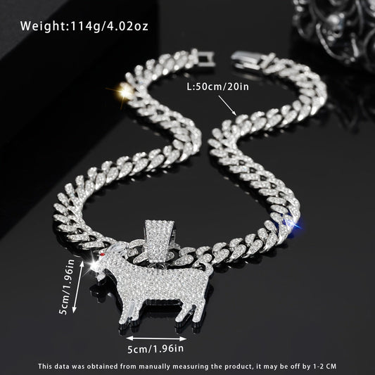 Vintage Tribal Goat Pendant Necklace, featuring a Hip Hop Y2K Miami Cuban Chain and Zinc Alloy with Rhinestone Accents. Perfect for parties, music festivals, or as a Spring Festival gift. This all-season accessory boasts a versatile and modern design.