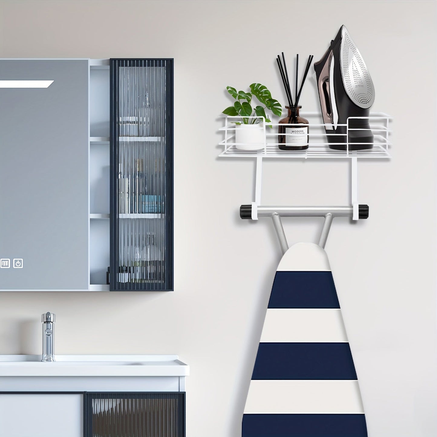 White Wall-Mounted Metal Ironing Board Hanger: Space-Saving Storage Solution for Laundry Room, No Electricity Required