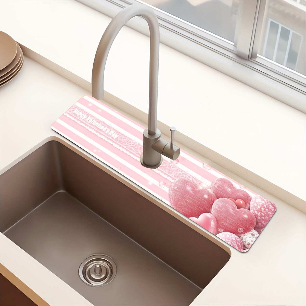 Pink Striped Love Faucet Mat - Perfect for Valentine's Day! Made from durable polyester, this moisture-proof and absorbent drain pad is ideal for use in the kitchen or bathroom. Features a diatom mud suction cup design for extra grip.