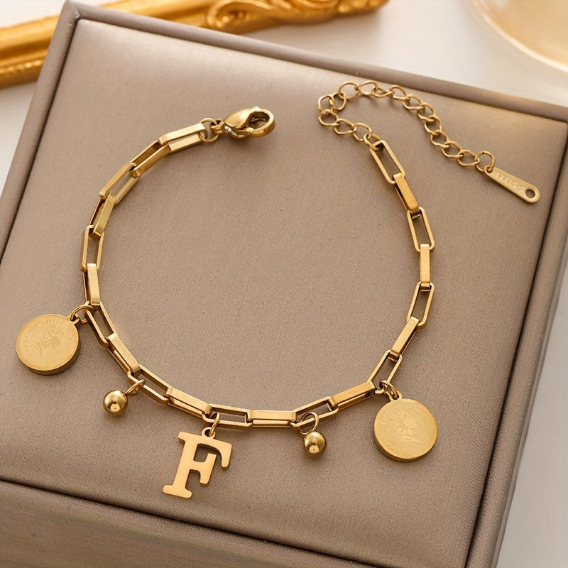 Golden-toned stainless steel bracelet for women, hip-hop inspired with "S" letter and round charms, 18K golden plated - perfect gift for girls