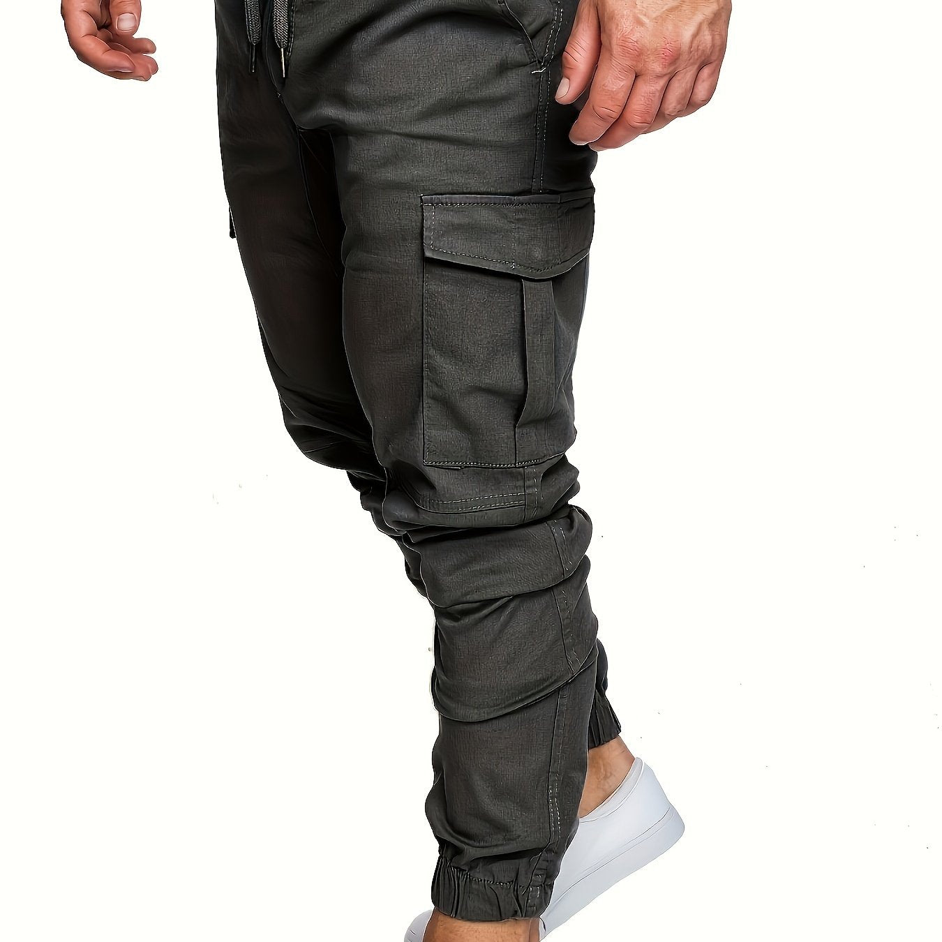 Men's casual cotton cargo pants with solid color, regular length, non-stretch fabric, drawstring waist, standard fit, and woven weave, suitable for all seasons.