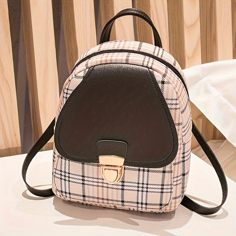 Small plaid backpack with adjustable straps for women, featuring multiple compartments for phone, camera, lipstick, and keys.