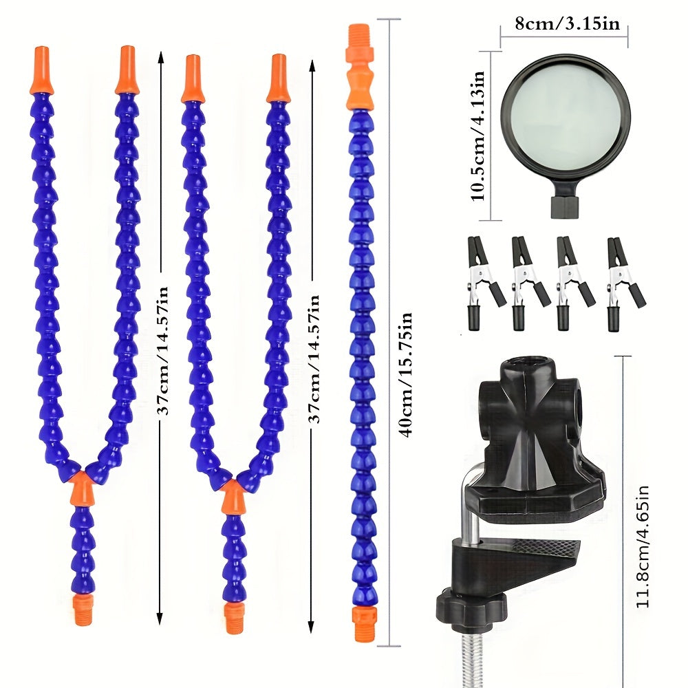 Soldering station tool with magnifier and flexible arms for welding and PCB repair.