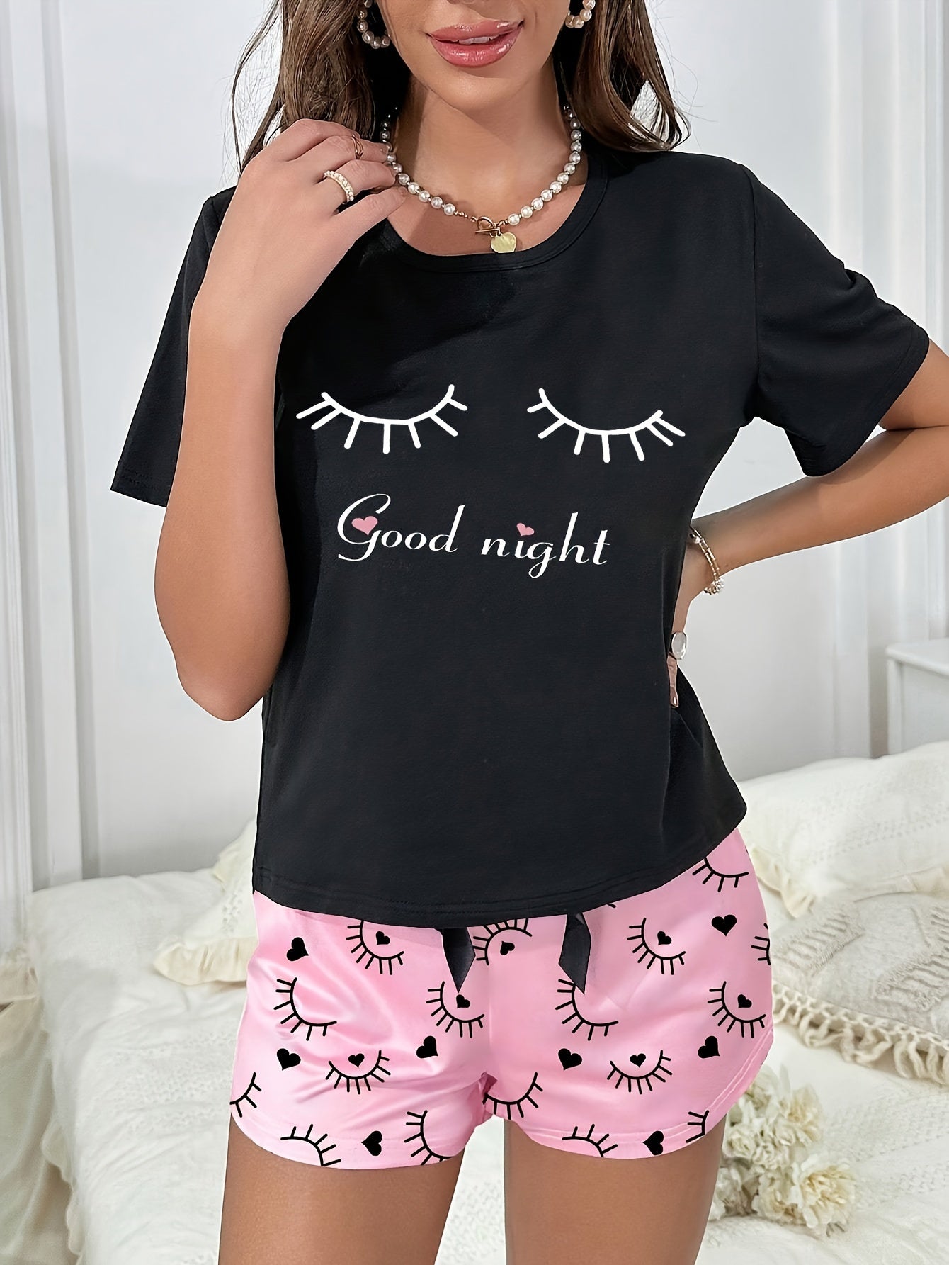 Women's Summer Pajama Set with Short Sleeve Top and Long Pants