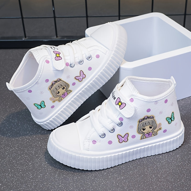 Cute high-top canvas shoes for girls featuring cartoon character, durable sole, and breathable design - perfect for everyday wear in spring and autumn.