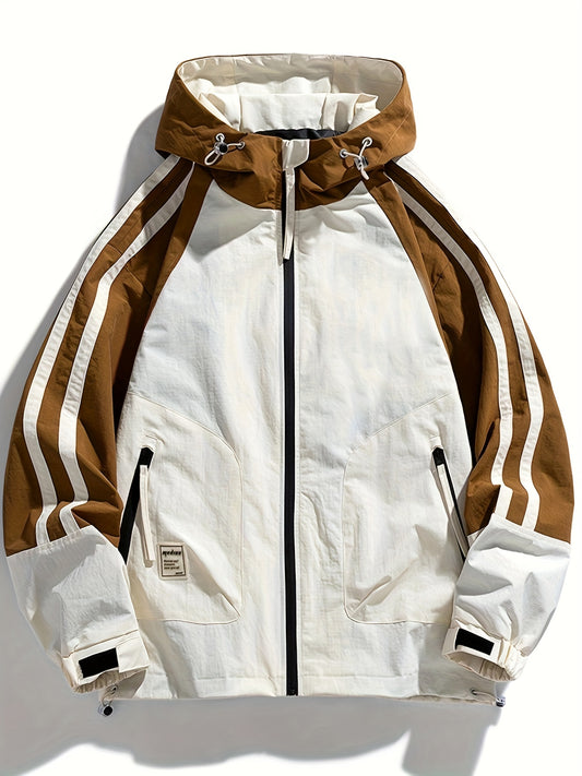 Plus Size Men's hooded jacket with contrast color for spring/autumn, perfect for sports/outdoor activities.